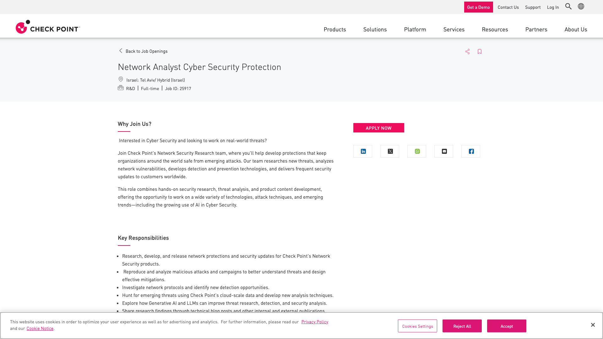 Screenshot of the Check Point Network Analyst Cyber Security Protection job posting, captured 2026-09-05