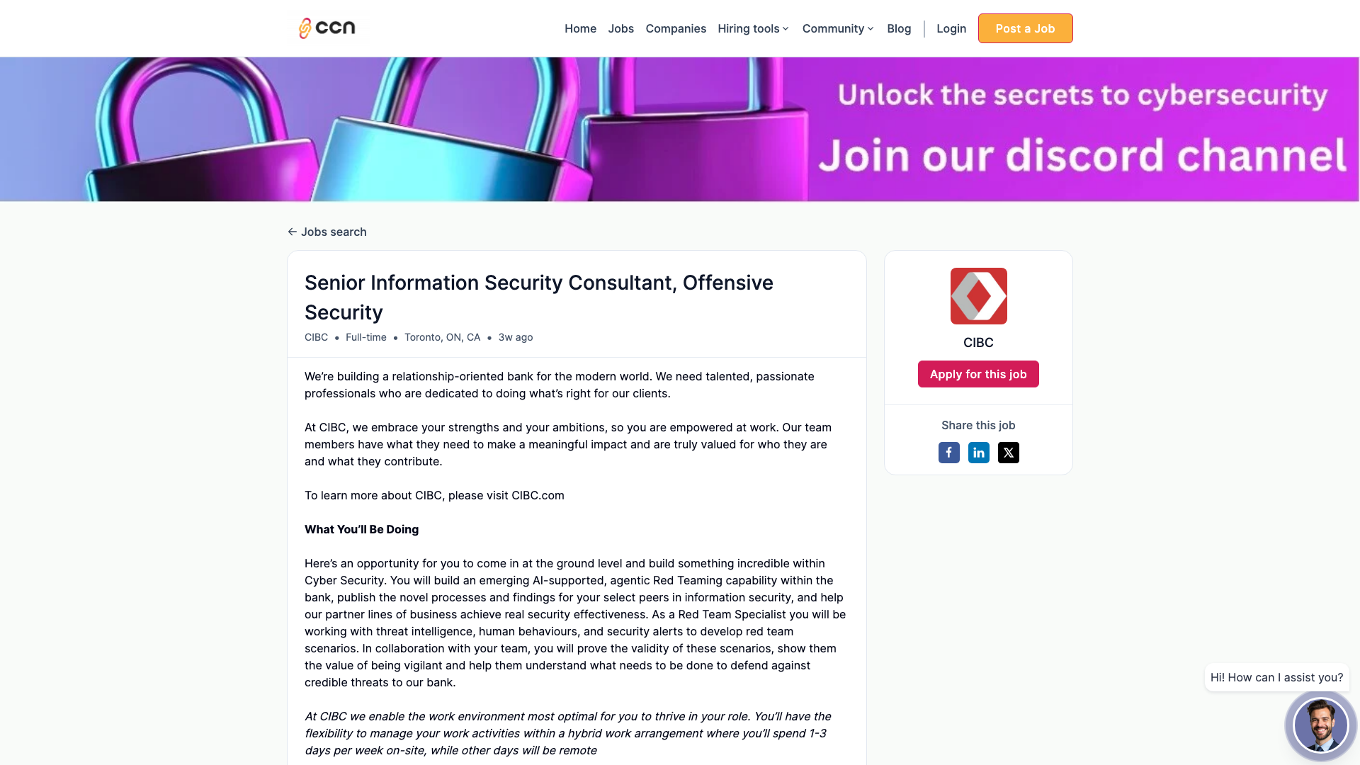Screenshot of the CIBC Senior Information Security Consultant, Offensive Security job posting, captured 2026-09-05