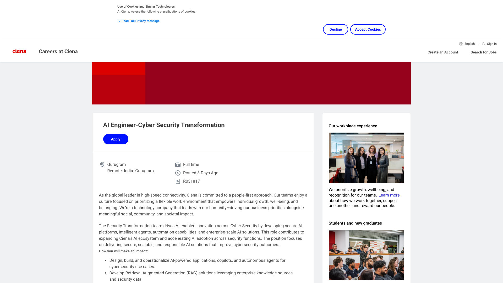 Screenshot of the Ciena AI Engineer-Cyber Security Transformation job posting, captured 2026-10-22