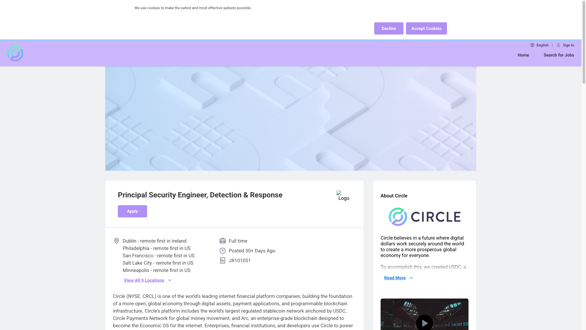 Screenshot of the Circle Principal Security Engineer, Detection & Response job posting, captured 2026-10-01