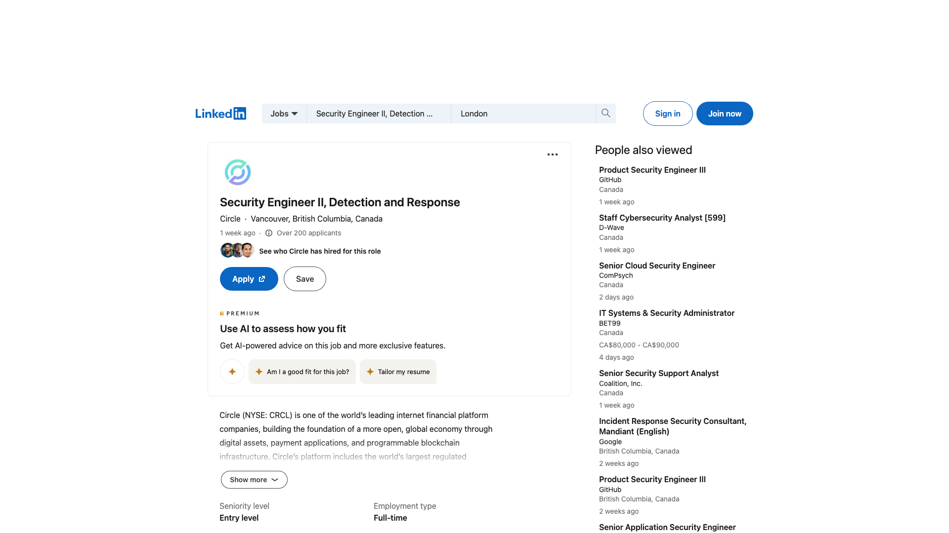 Screenshot of the Circle Security Engineer II, Detection and Response job posting, captured 2026-09-05