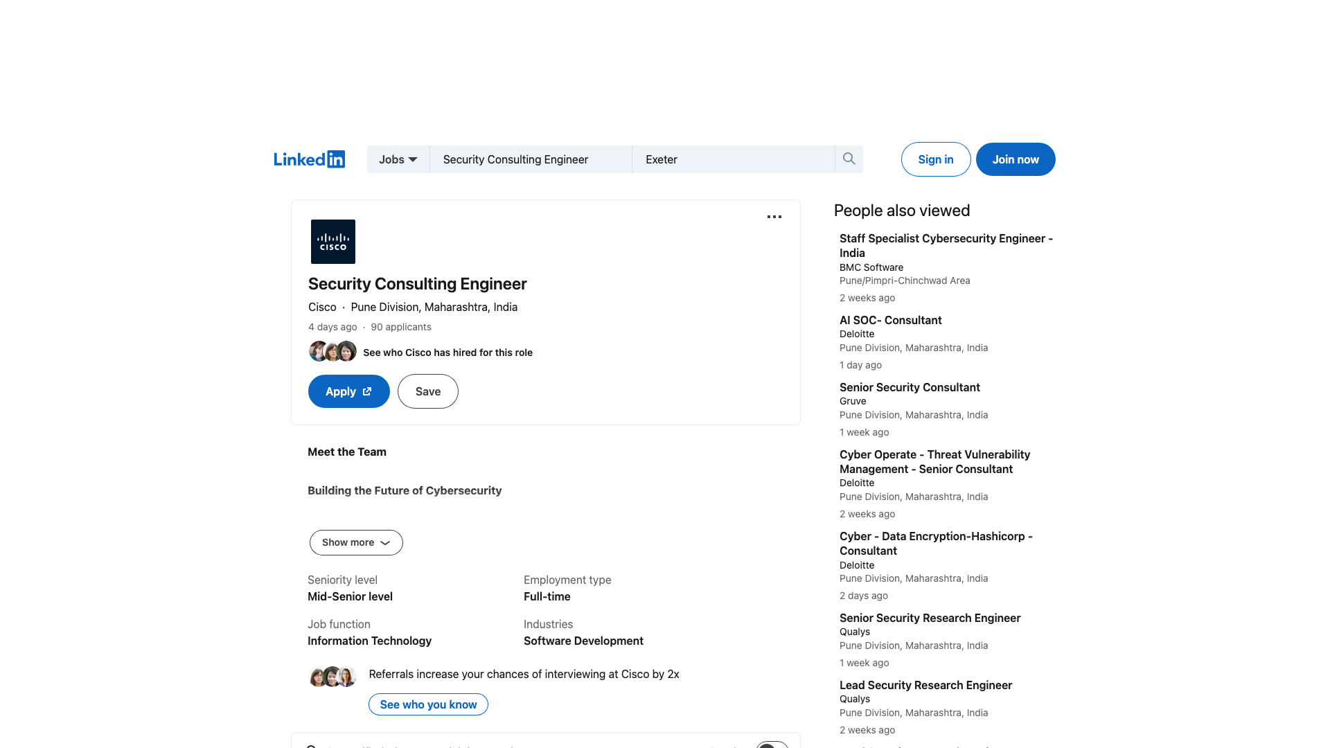 Screenshot of the Cisco Security Consulting Engineer job posting, captured 2026-09-05