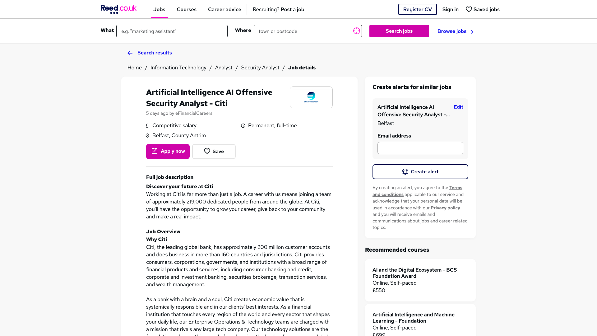 Screenshot of the Citi Artificial Intelligence (AI) Offensive Security Analyst job posting, captured 2026-09-05