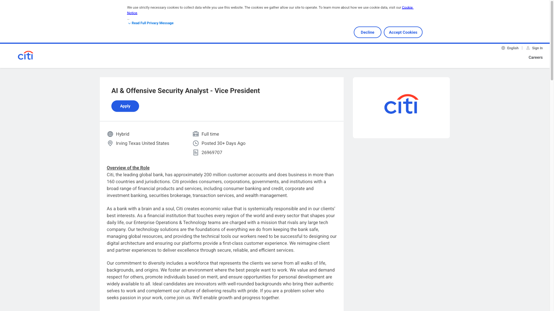 Screenshot of the Citi AI & Offensive Security Analyst - Vice President job posting, captured 2026-10-01