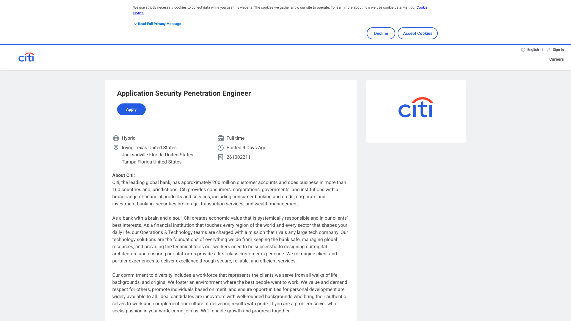 Screenshot of the Citi Application Security Penetration Engineer job posting, captured 2026-10-22