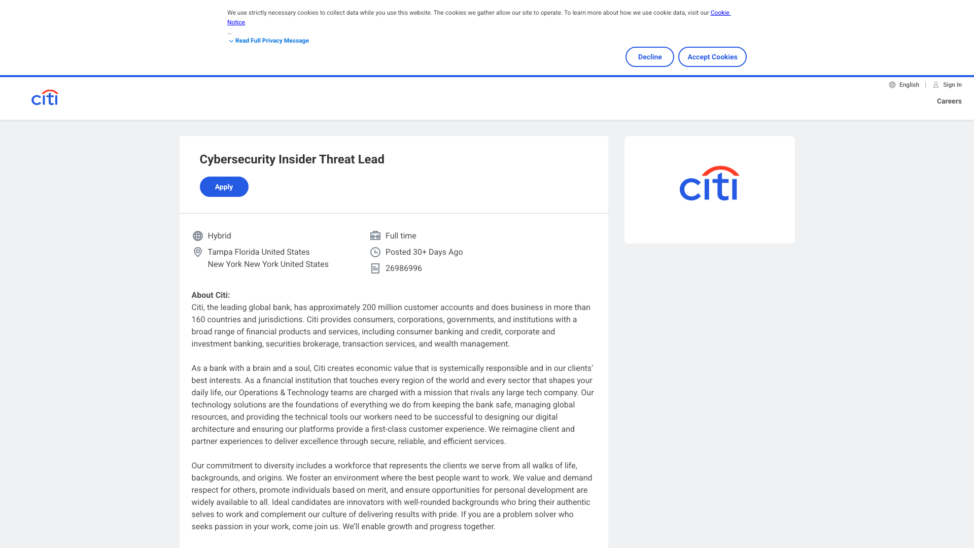 Screenshot of the Citi Cybersecurity Insider Threat Lead job posting, captured 2026-10-22