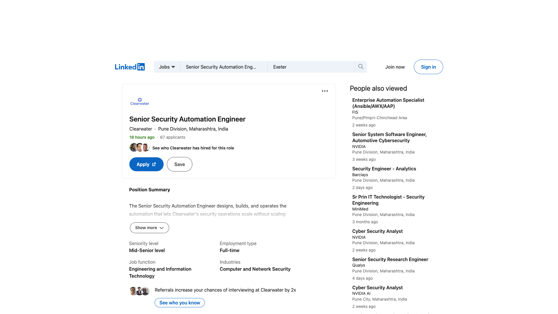 Screenshot of the Clearwater Senior Security Automation Engineer job posting, captured 2026-09-05