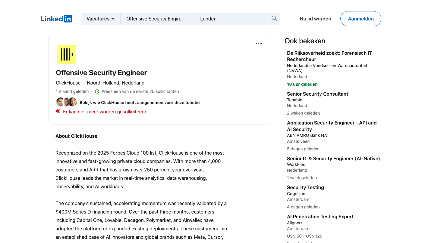 Screenshot of the ClickHouse Offensive Security Engineer job posting, captured 2026-09-05