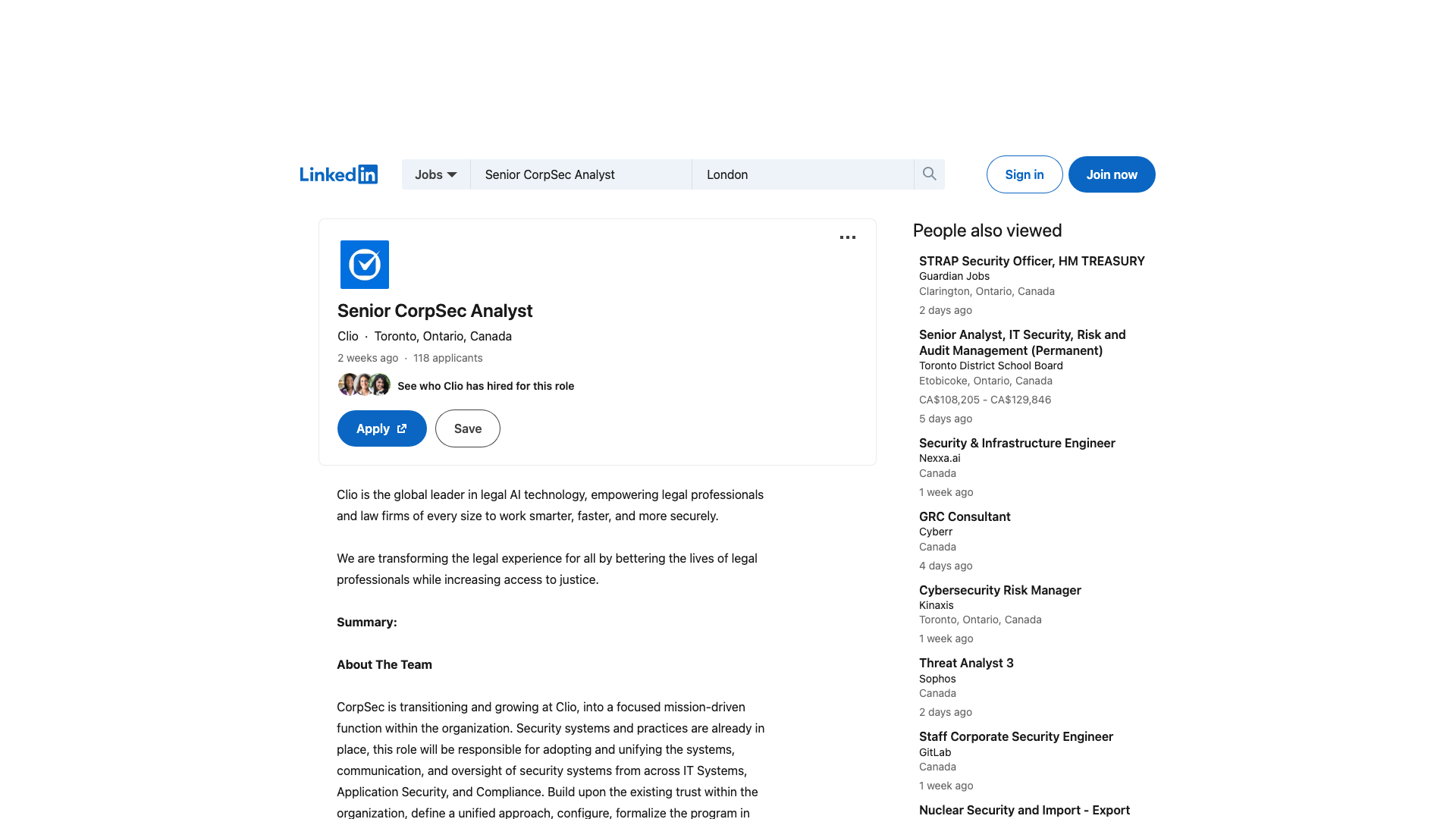 Screenshot of the Clio Senior CorpSec Analyst job posting, captured 2026-09-05