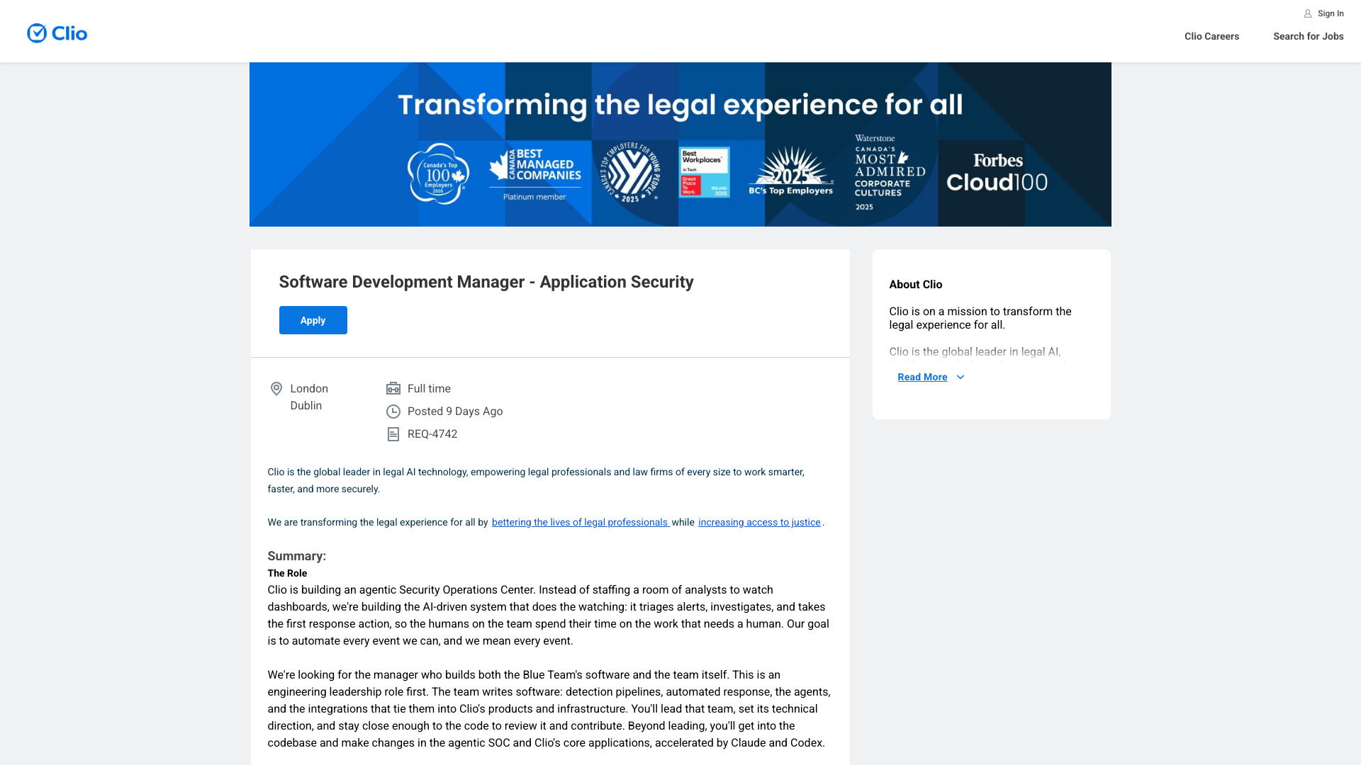Screenshot of the Clio Software Development Manager - Application Security job posting, captured 2026-10-22