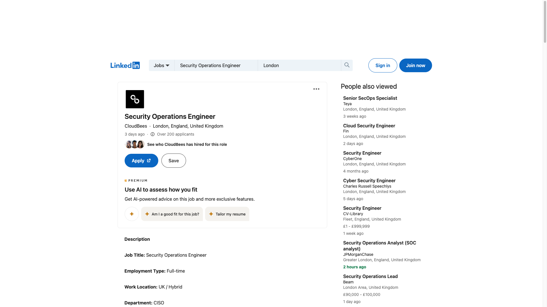 Screenshot of the CloudBees Security Operations Engineer job posting, captured 2026-09-23