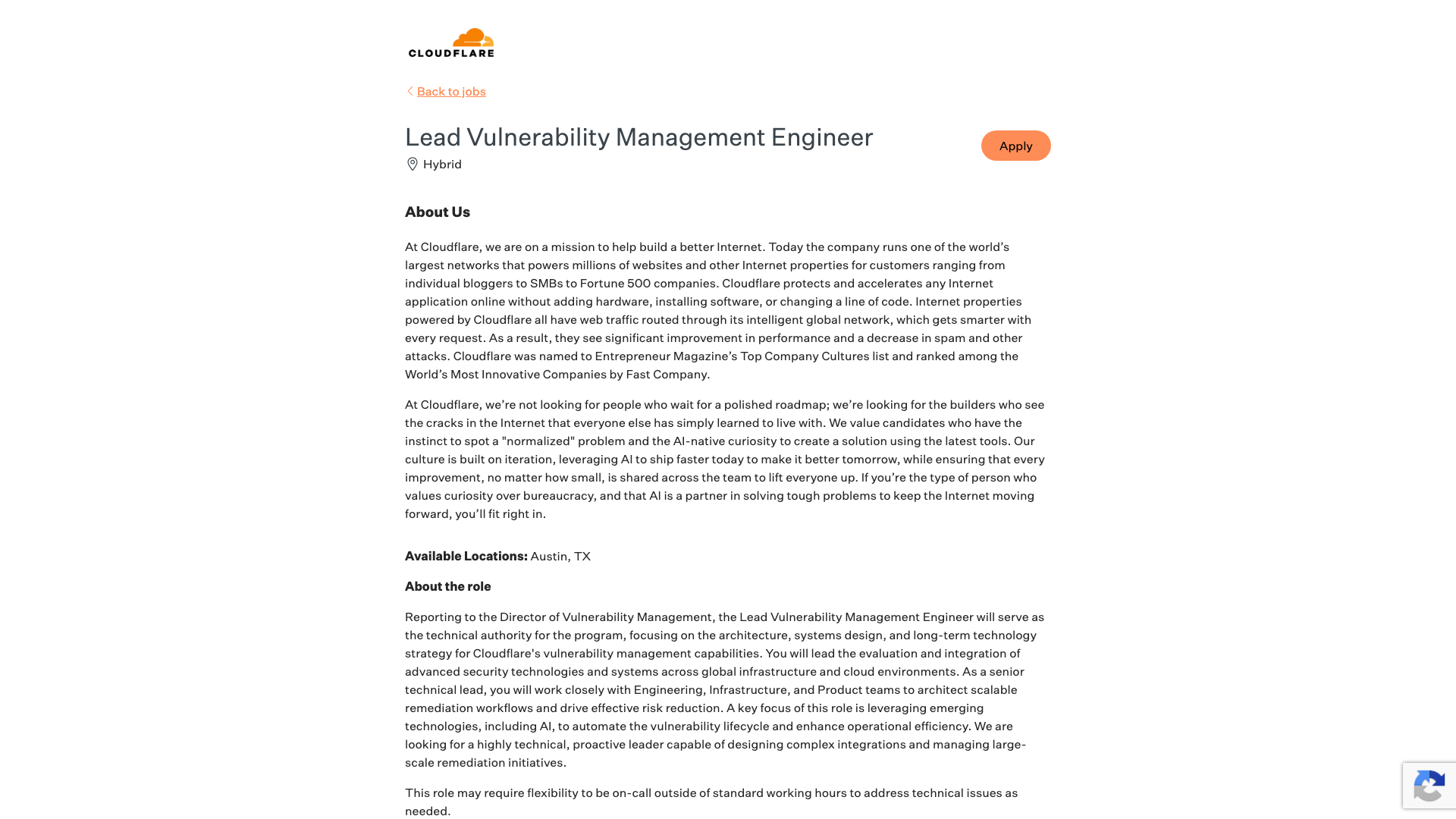 Screenshot of the Cloudflare Lead Vulnerability Management Engineer job posting, captured 2026-09-05