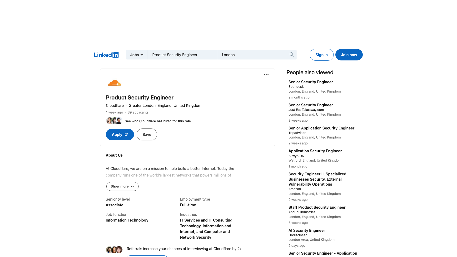 Screenshot of the Cloudflare Product Security Engineer job posting, captured 2026-09-05