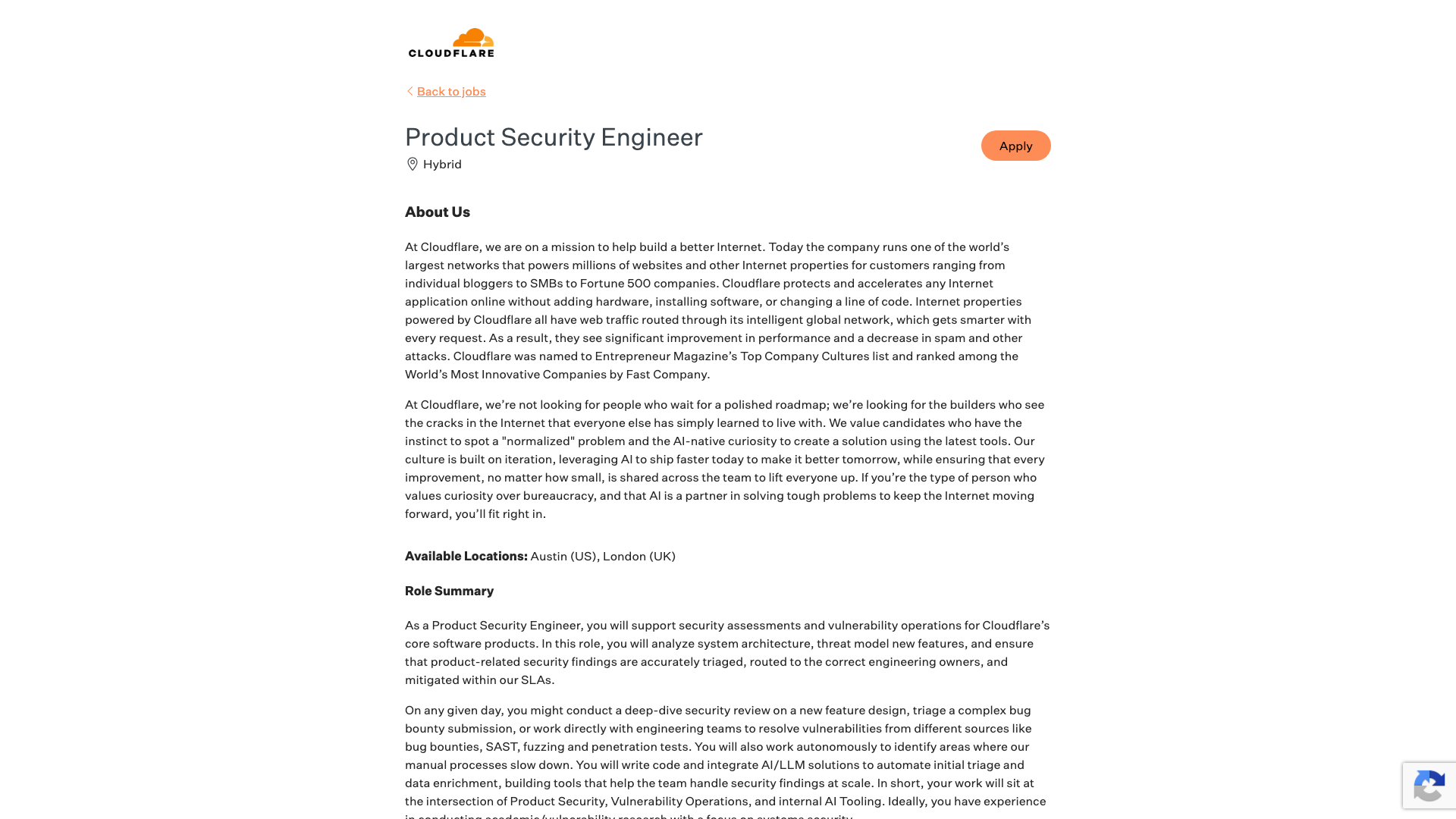 Screenshot of the Cloudflare Product Security Engineer job posting, captured 2026-09-05