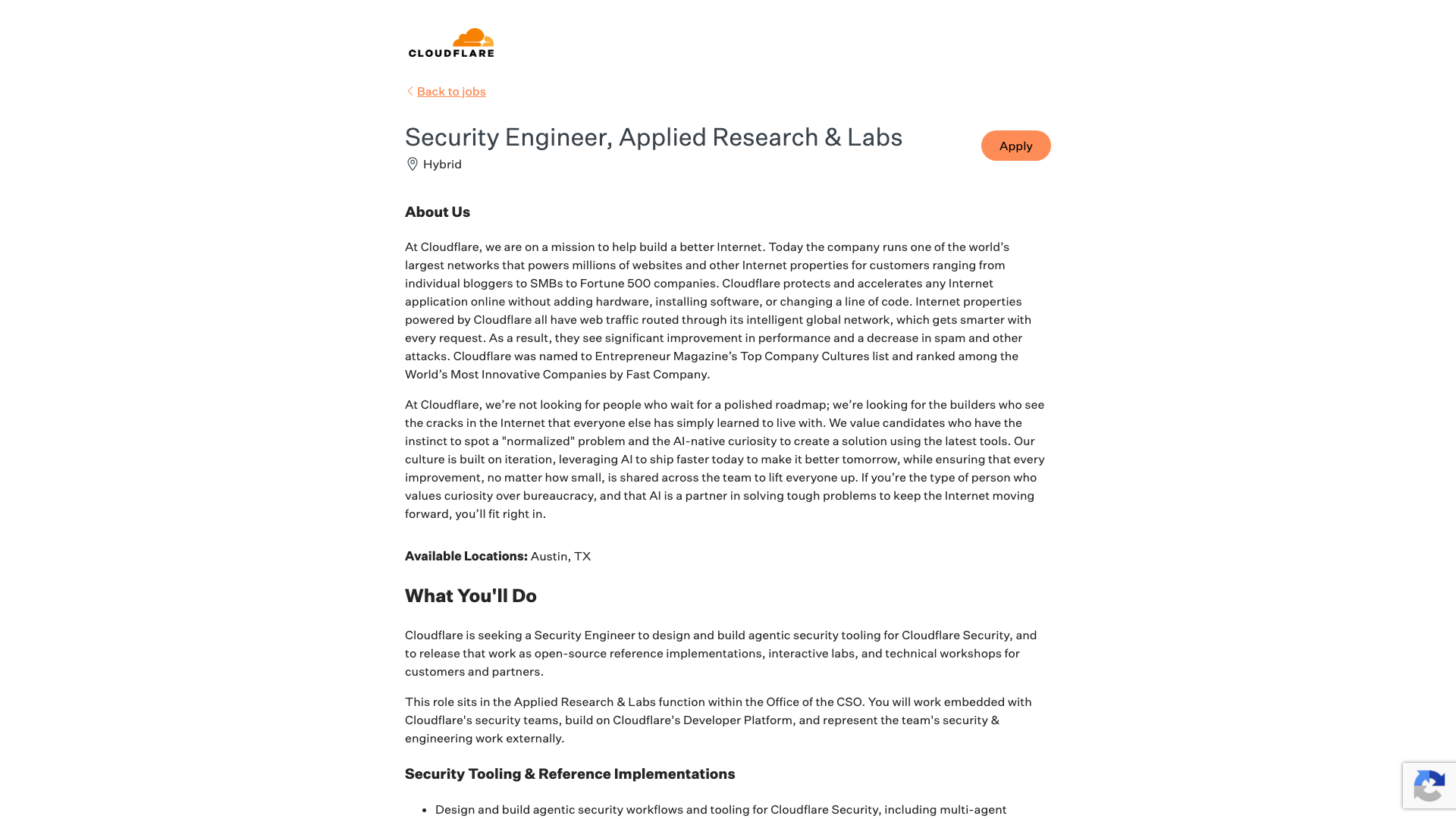 Screenshot of the Cloudflare Security Engineer, Applied Research & Labs job posting, captured 2026-10-22