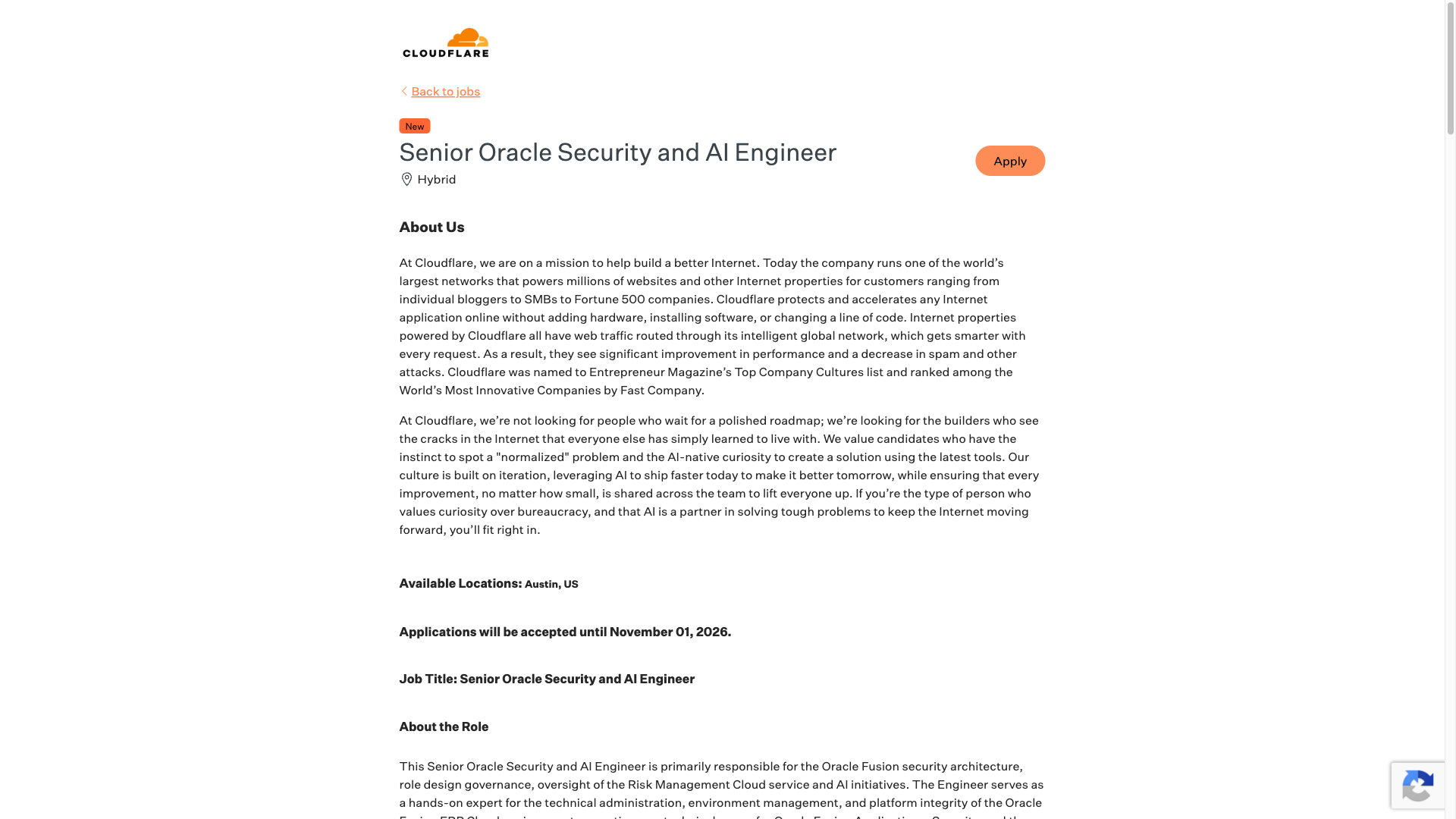 Screenshot of the Cloudflare Senior Oracle Security and AI Engineer job posting, captured 2026-09-23