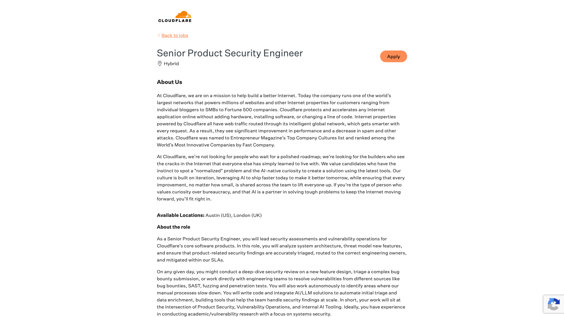 Screenshot of the Cloudflare Senior Product Security Engineer job posting, captured 2026-09-05