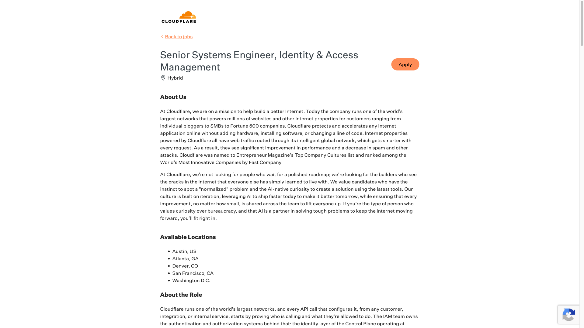 Screenshot of the Cloudflare Senior Systems Engineer, Identity & Access Management job posting, captured 2026-10-01