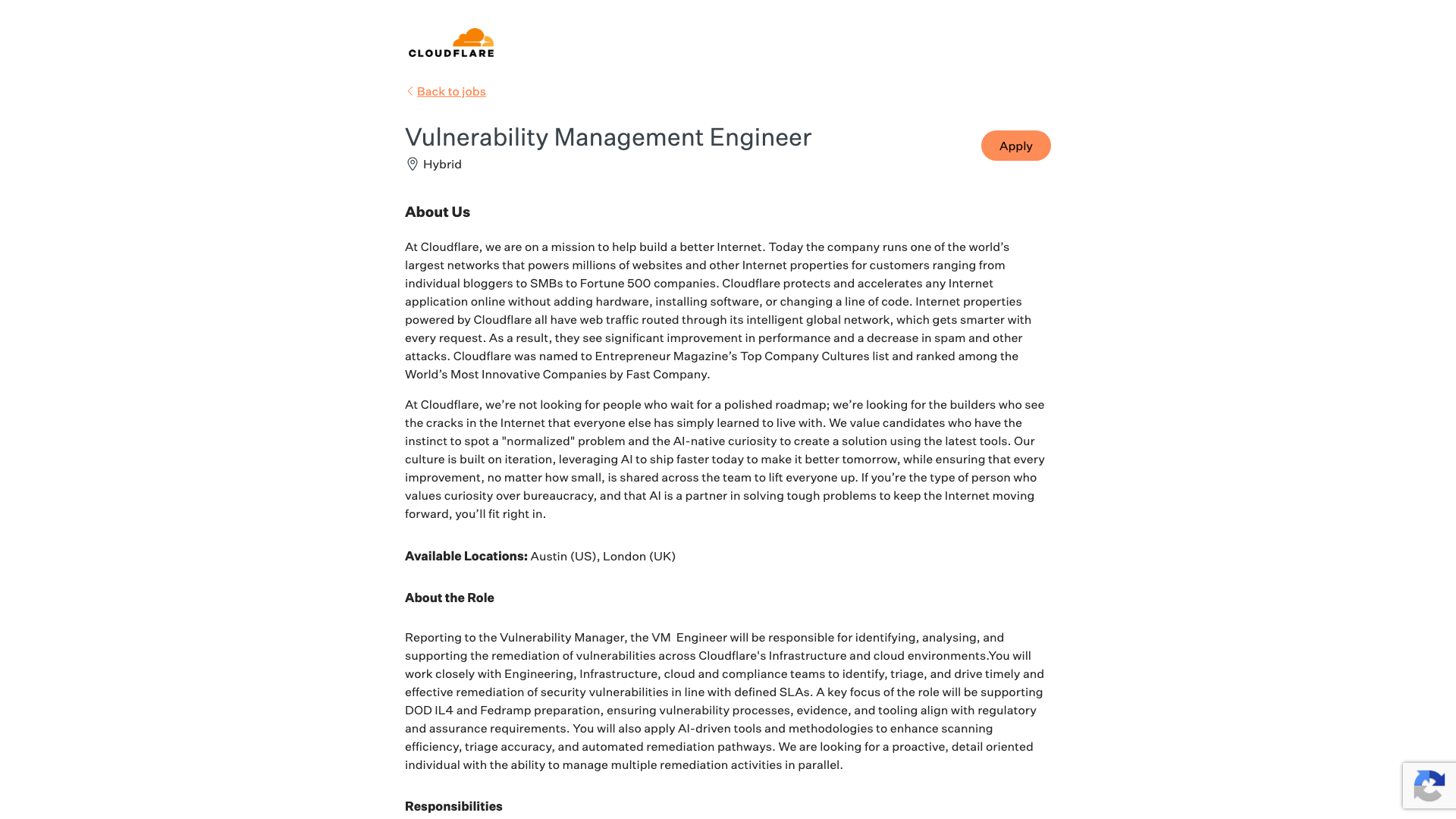 Screenshot of the Cloudflare Vulnerability Management Engineer job posting, captured 2026-09-05