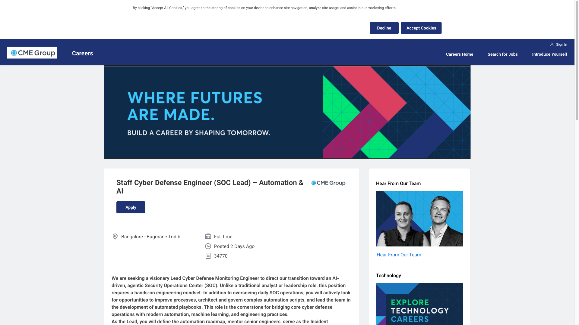 Screenshot of the CME Group Staff Cyber Defense Engineer (SOC Lead) – Automation & AI job posting, captured 2026-10-01