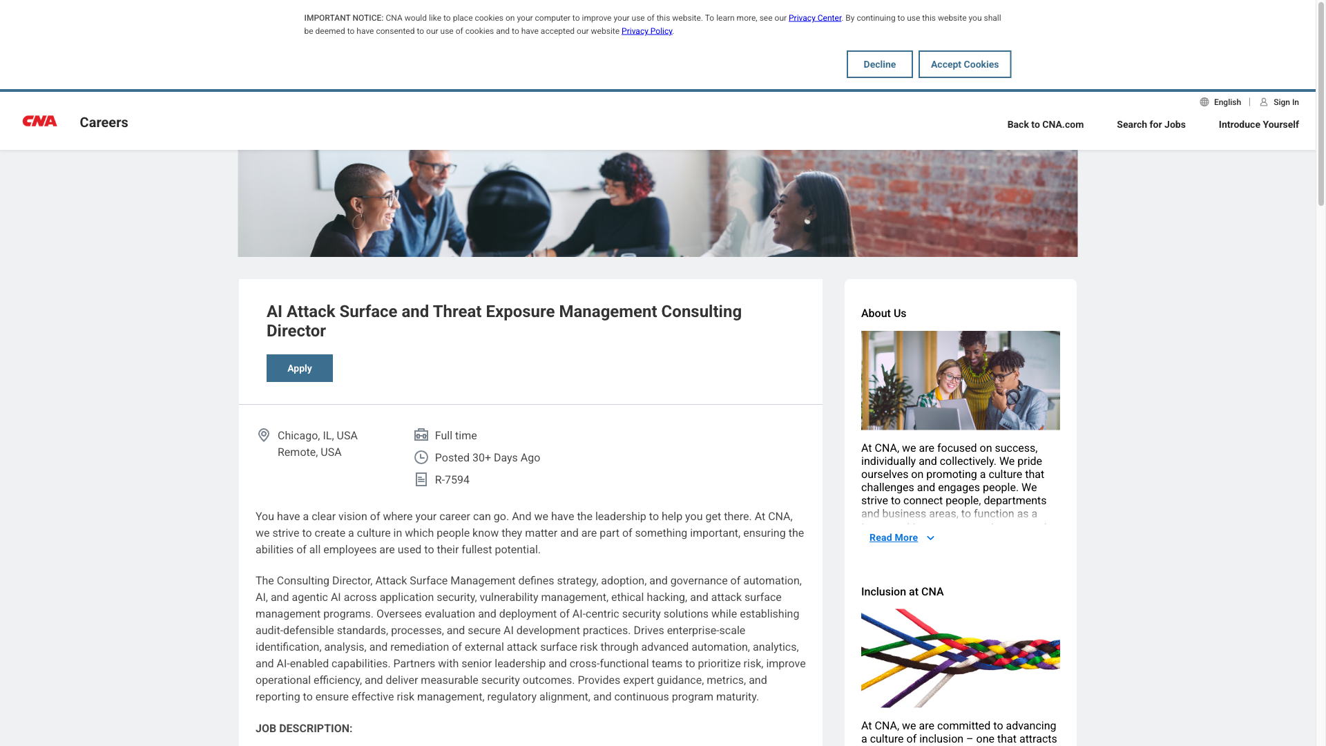 Screenshot of the CNA AI Attack Surface and Threat Exposure Management Consulting Director job posting, captured 2026-10-08
