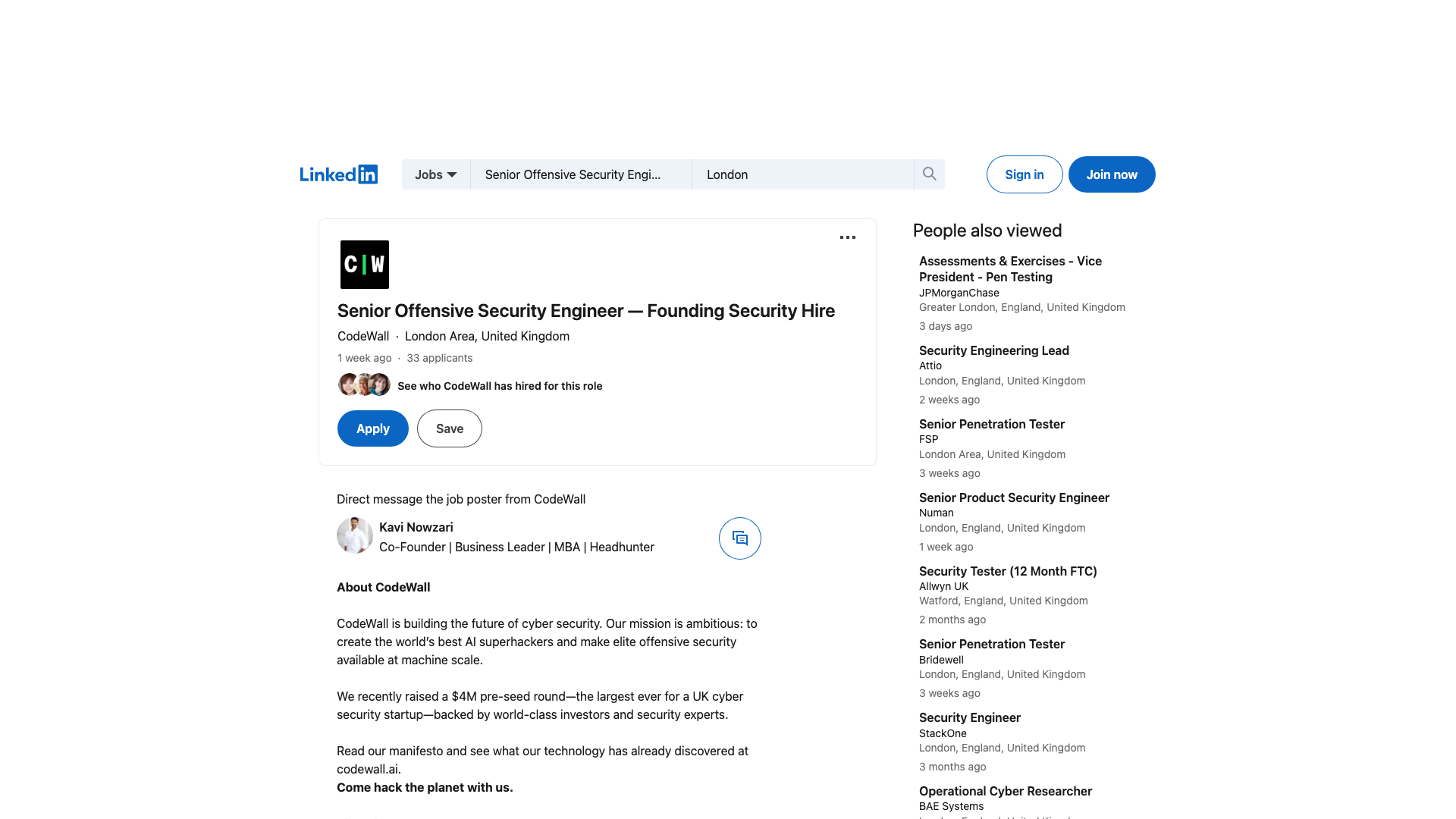 Screenshot of the CodeWall Senior Offensive Security Engineer - Founding Security Hire job posting, captured 2026-09-05