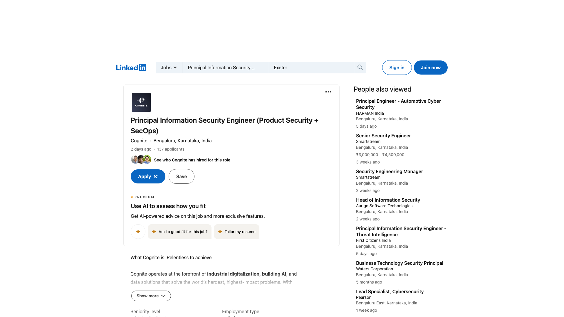 Screenshot of the Cognite Principal Information Security Engineer (Product Security + SecOps) job posting, captured 2026-09-05