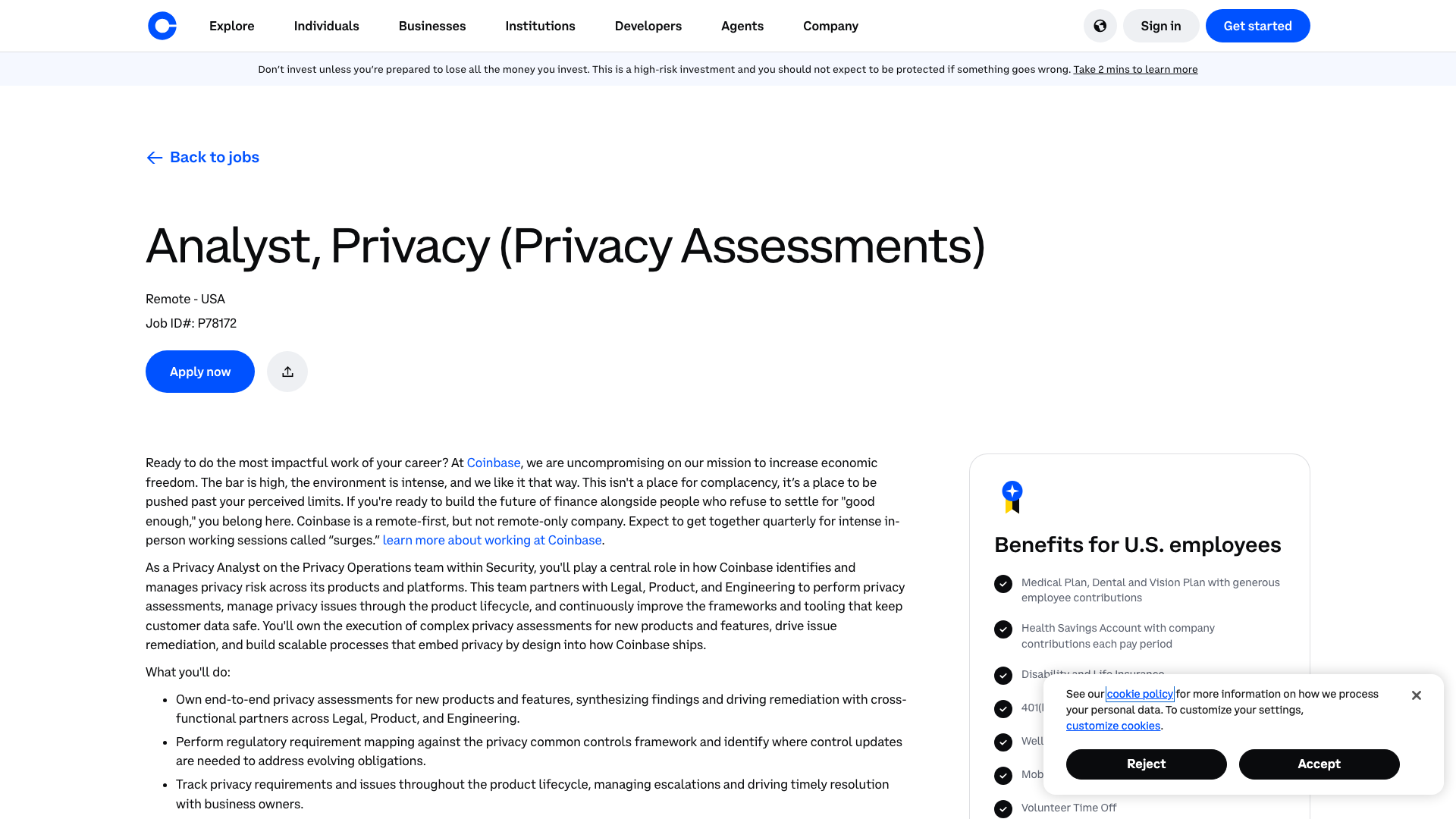 Screenshot of the Coinbase Analyst, Privacy (Privacy Assessments) job posting, captured 2026-10-22