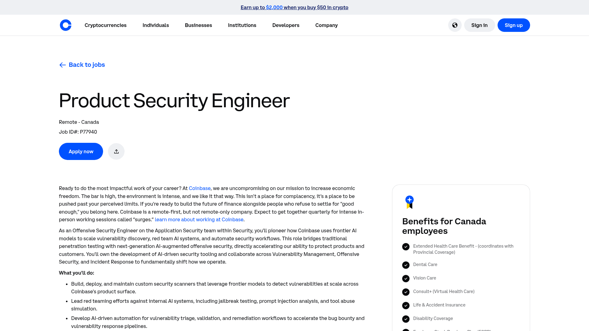 Screenshot of the Coinbase Product Security Engineer (Offensive Security) job posting, captured 2026-08-31