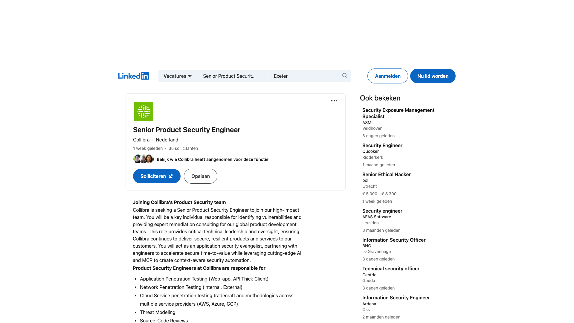 Screenshot of the Collibra Senior Product Security Engineer job posting, captured 2026-09-05