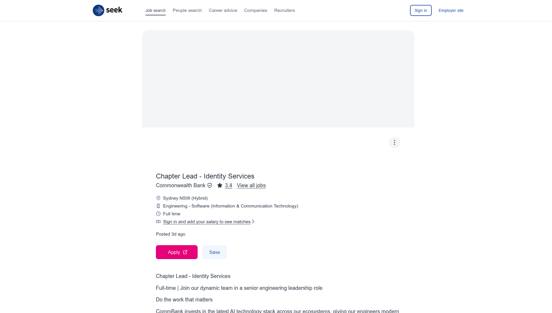 Screenshot of the Commonwealth Bank Chapter Lead - Identity Services job posting, captured 2026-09-05
