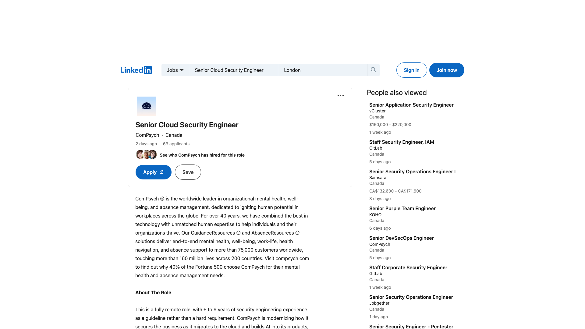 Screenshot of the ComPsych Senior Cloud Security Engineer job posting, captured 2026-09-05