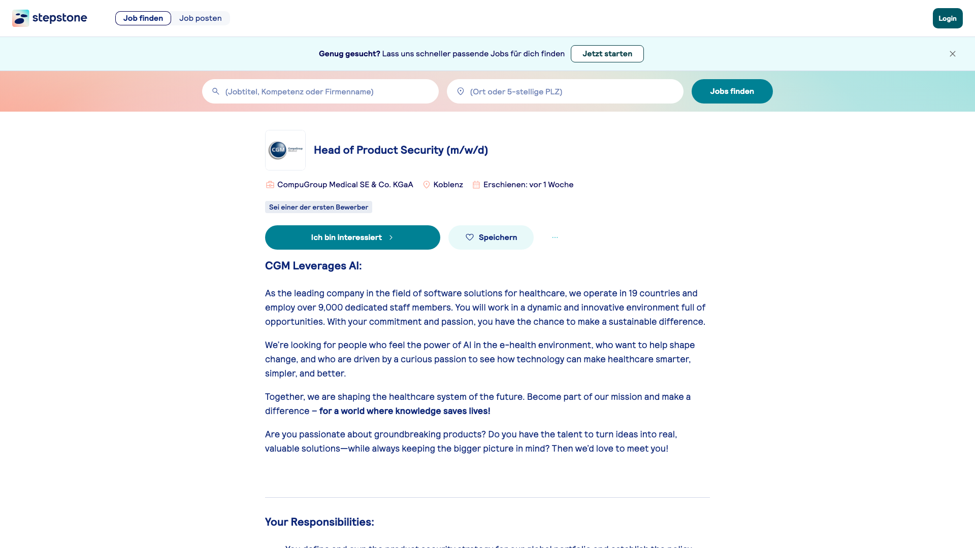 Screenshot of the CGM (CompuGroup Medical) Head of Product Security (m/w/d) job posting, captured 2026-09-05