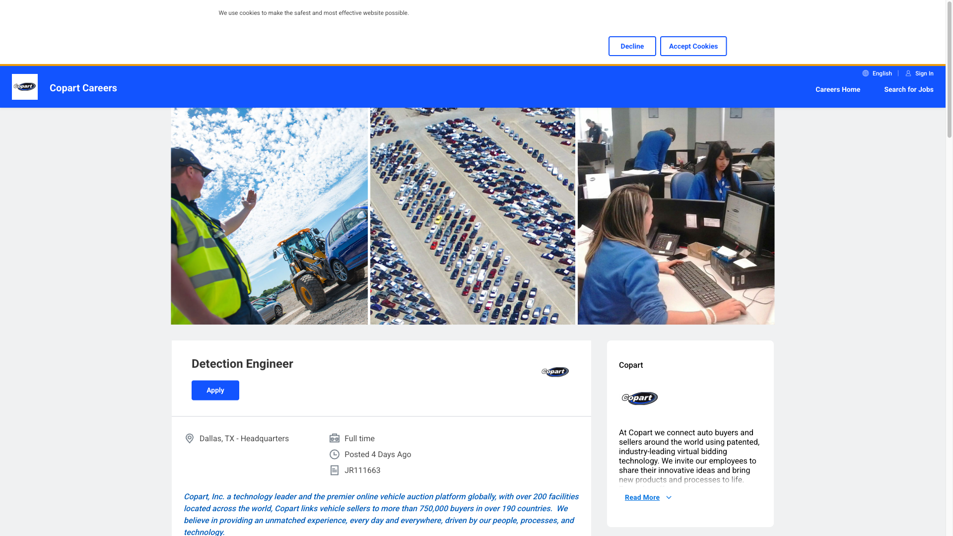 Screenshot of the Copart Detection Engineer job posting, captured 2026-09-29