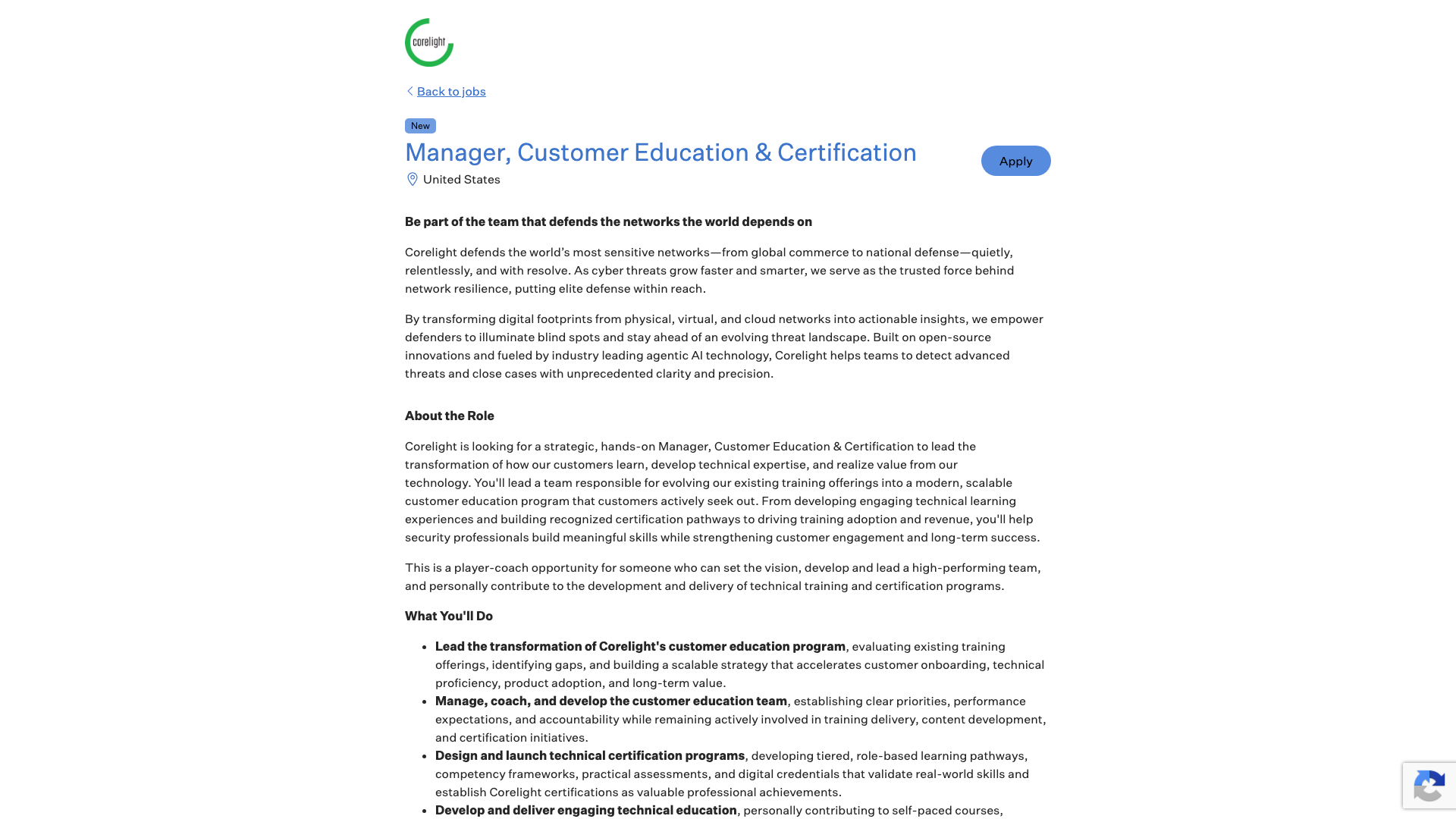 Screenshot of the Corelight Manager, Customer Education & Certification job posting, captured 2026-10-25