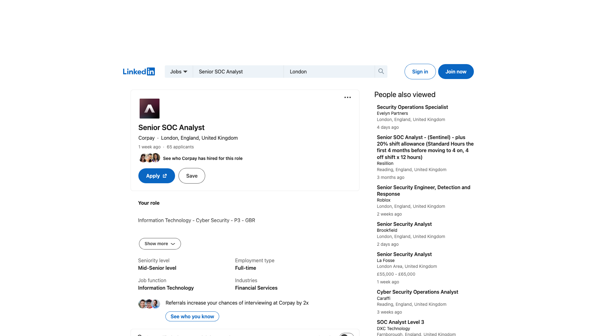 Screenshot of the Corpay Senior SOC Analyst job posting, captured 2026-09-05