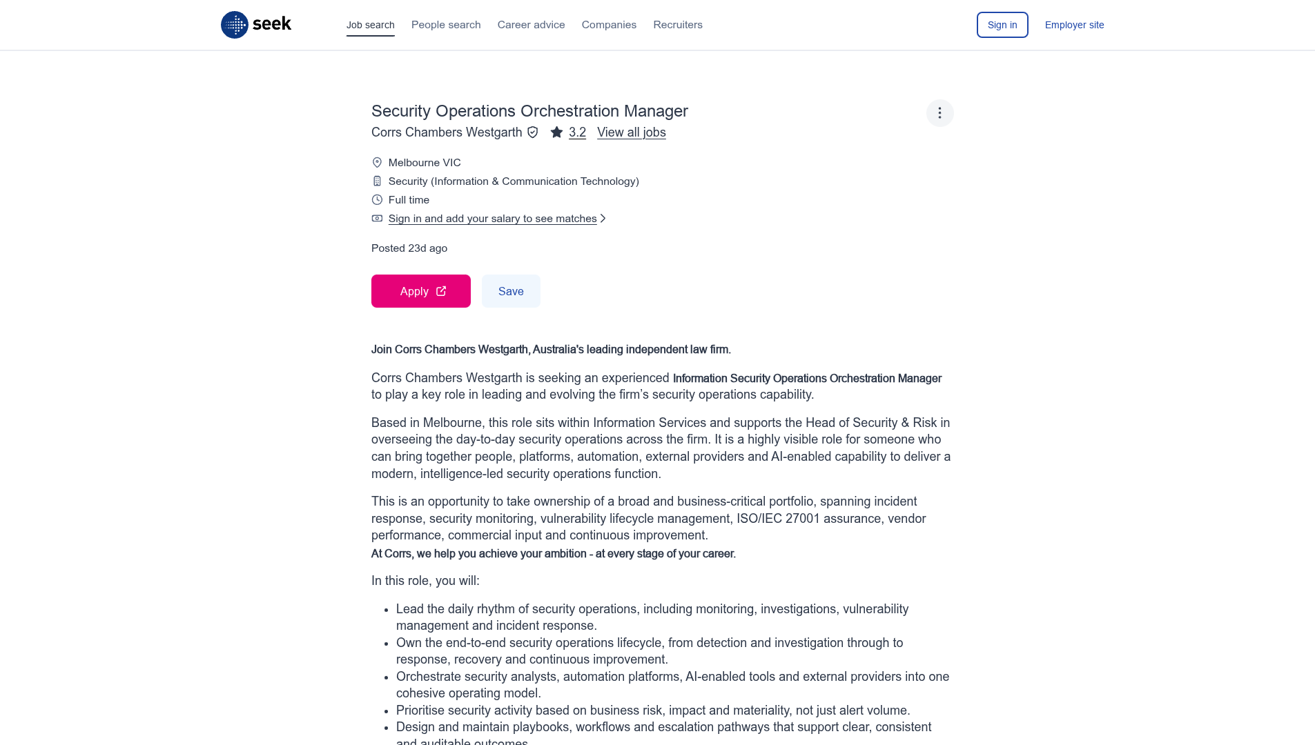 Screenshot of the Corrs Chambers Westgarth Security Operations Orchestration Manager job posting, captured 2026-09-05