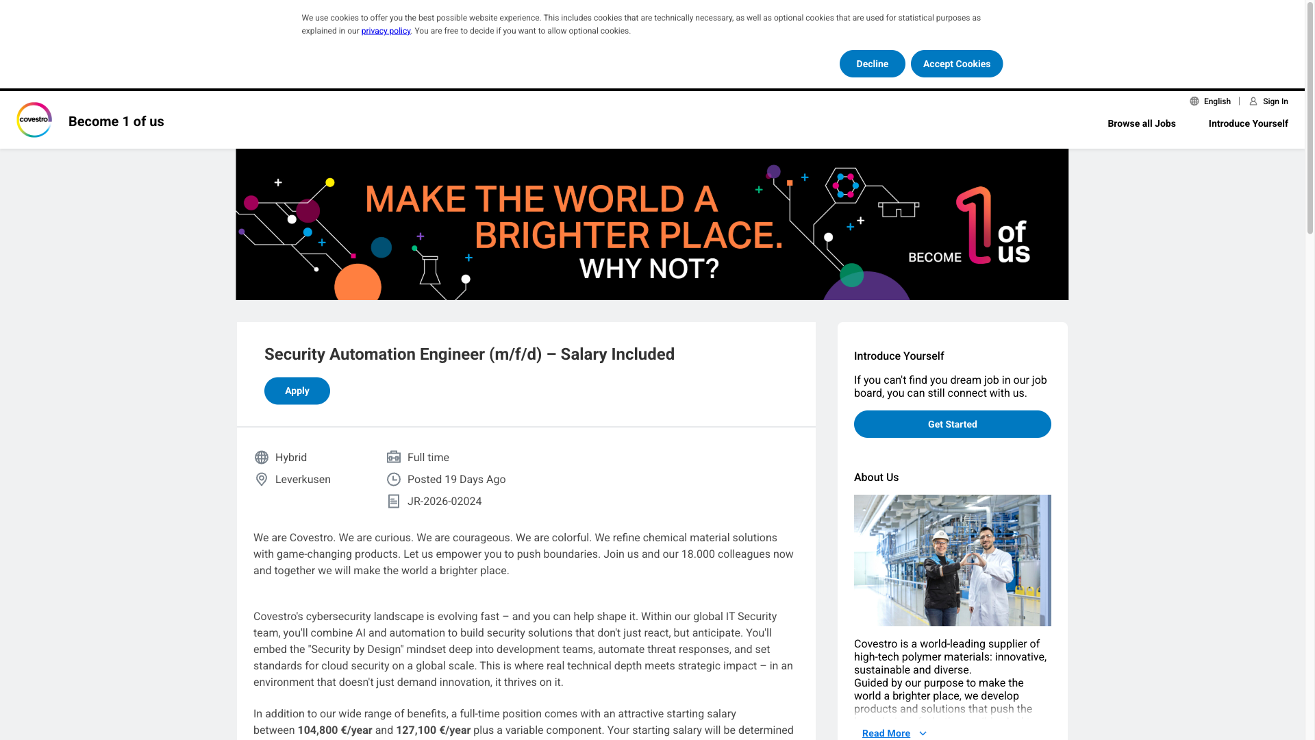Screenshot of the Covestro Security Automation Engineer (m/f/d) – Salary Included job posting, captured 2026-10-01