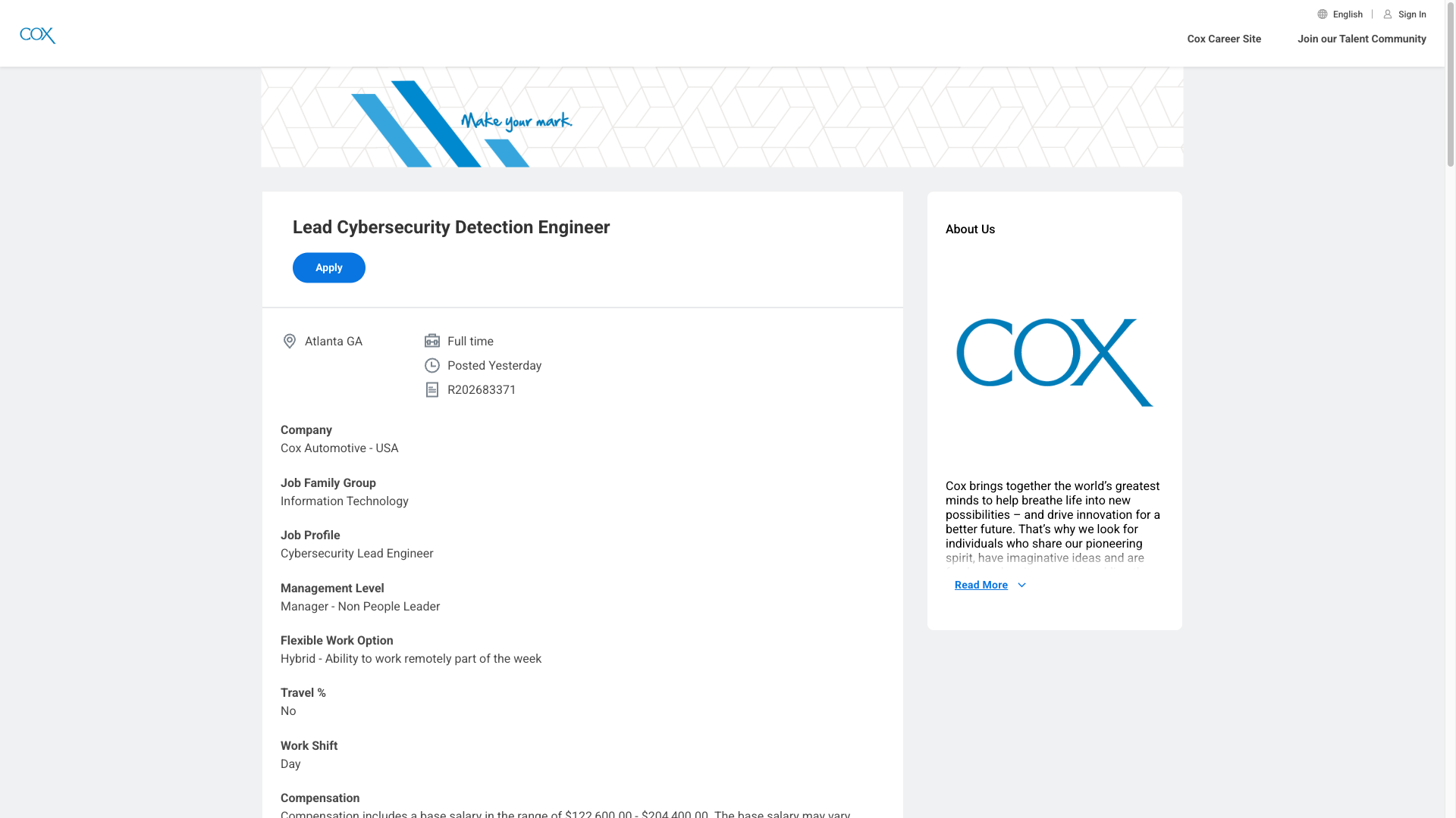 Screenshot of the Cox Automotive Lead Cybersecurity Detection Engineer job posting, captured 2026-10-08