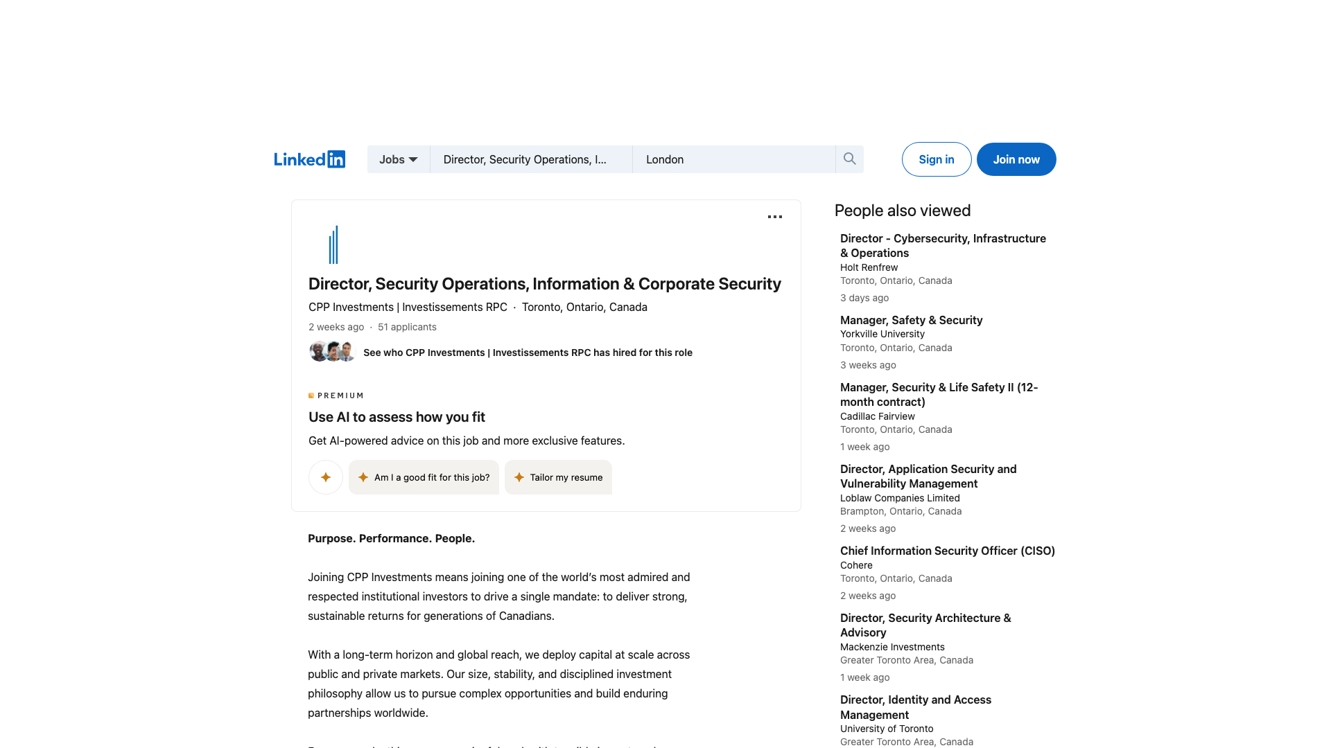 Screenshot of the CPP Investments Director, Security Operations, Information & Corporate Security job posting, captured 2026-09-05