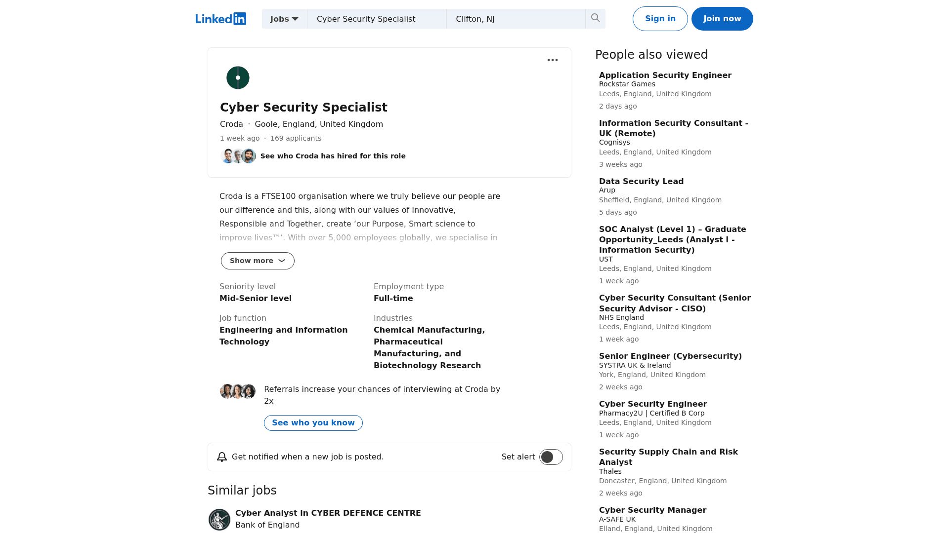 Screenshot of the Croda Cyber Security Specialist job posting, captured 2026-08-31