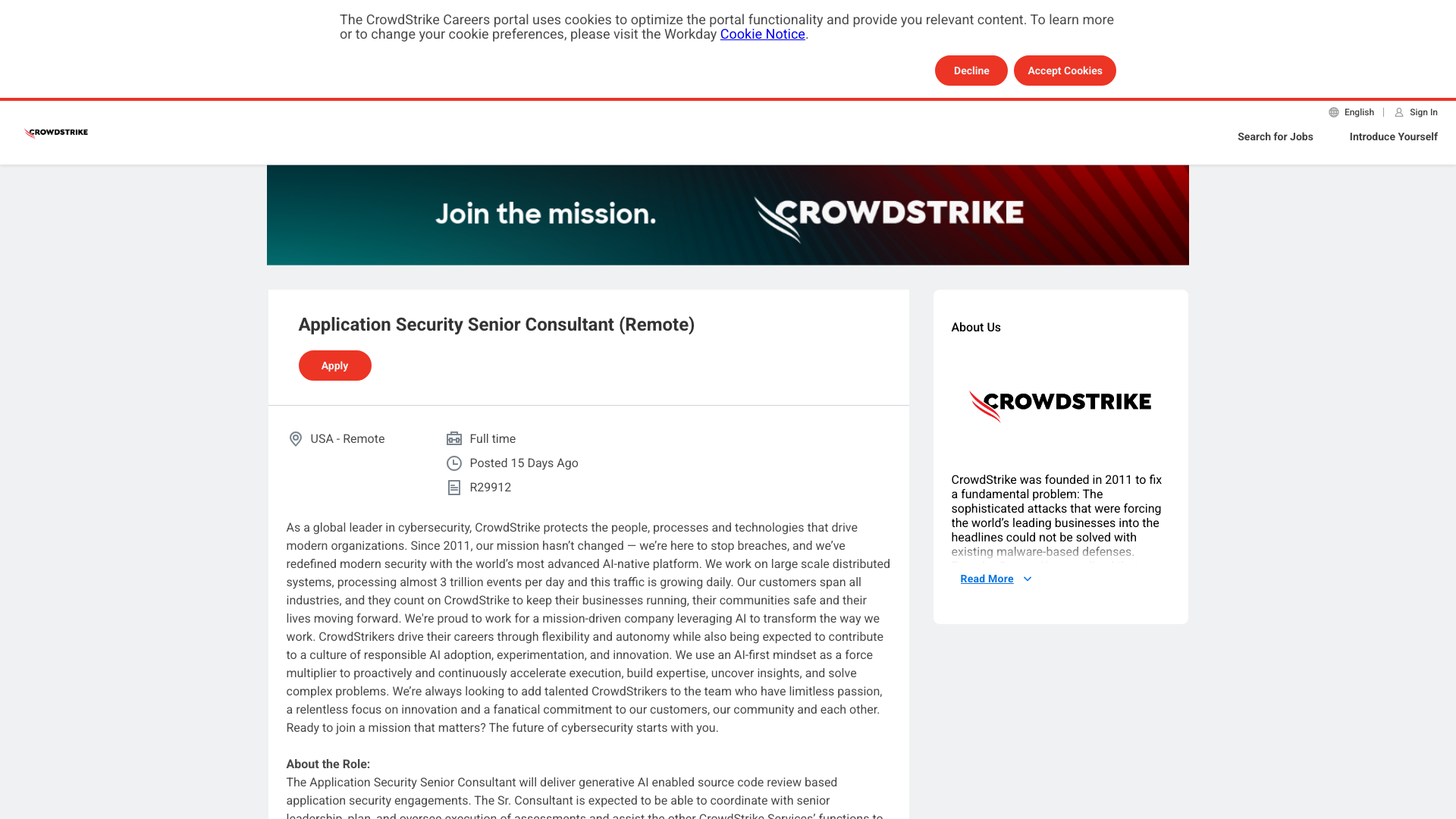 Screenshot of the CrowdStrike Application Security Senior Consultant job posting, captured 2026-09-05