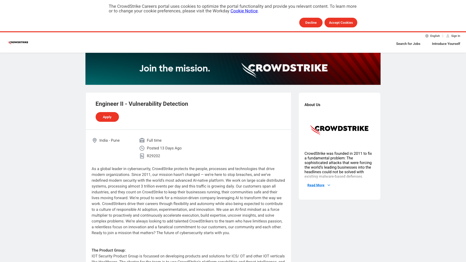 Screenshot of the CrowdStrike Engineer II - Vulnerability Detection (IoT/OT) job posting, captured 2026-09-05