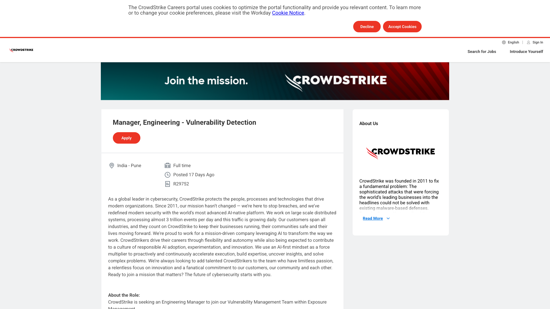 Screenshot of the CrowdStrike Manager, Engineering - Vulnerability Detection job posting, captured 2026-09-05