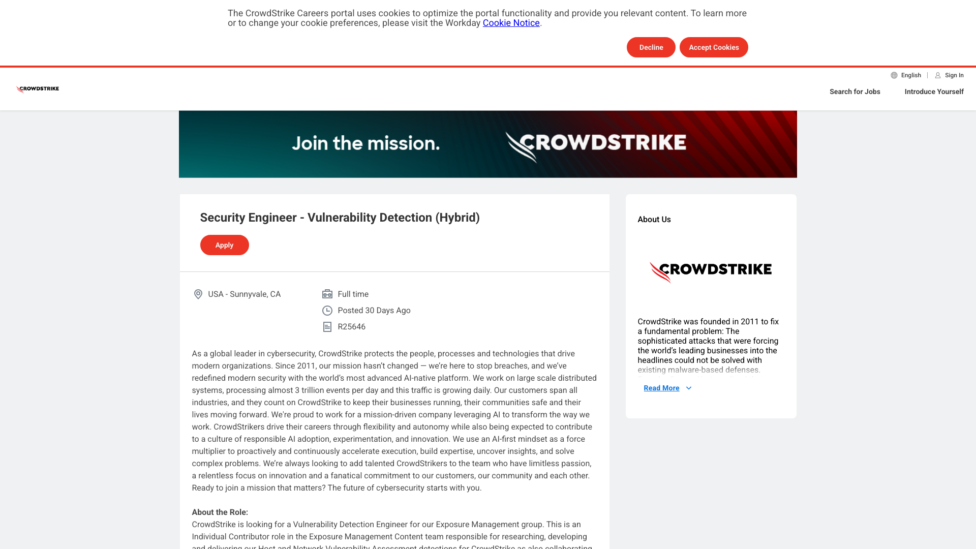 Screenshot of the CrowdStrike Security Engineer - Vulnerability Detection job posting, captured 2026-09-05