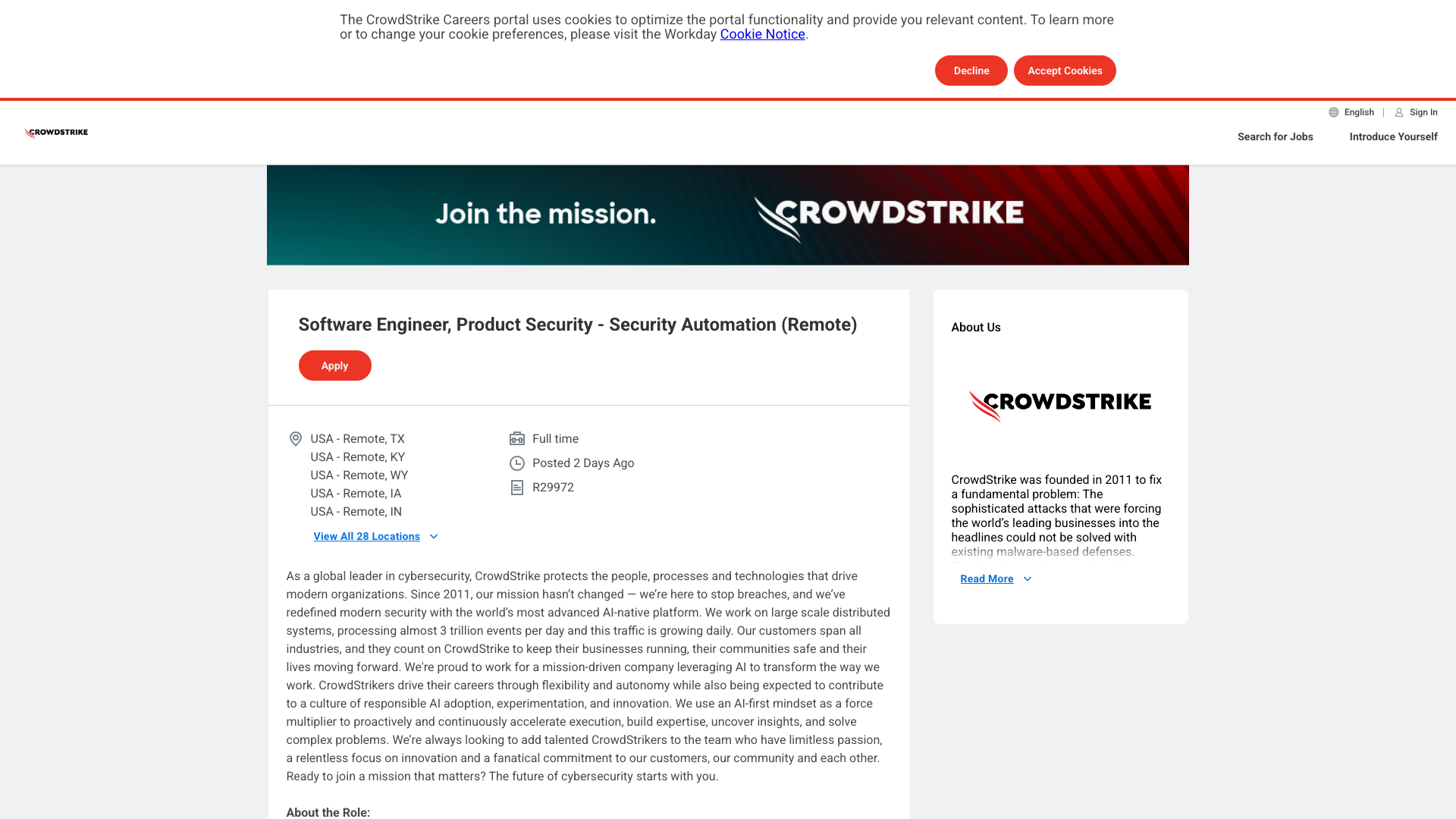 Screenshot of the CrowdStrike Software Engineer, Product Security - Security Automation job posting, captured 2026-09-05