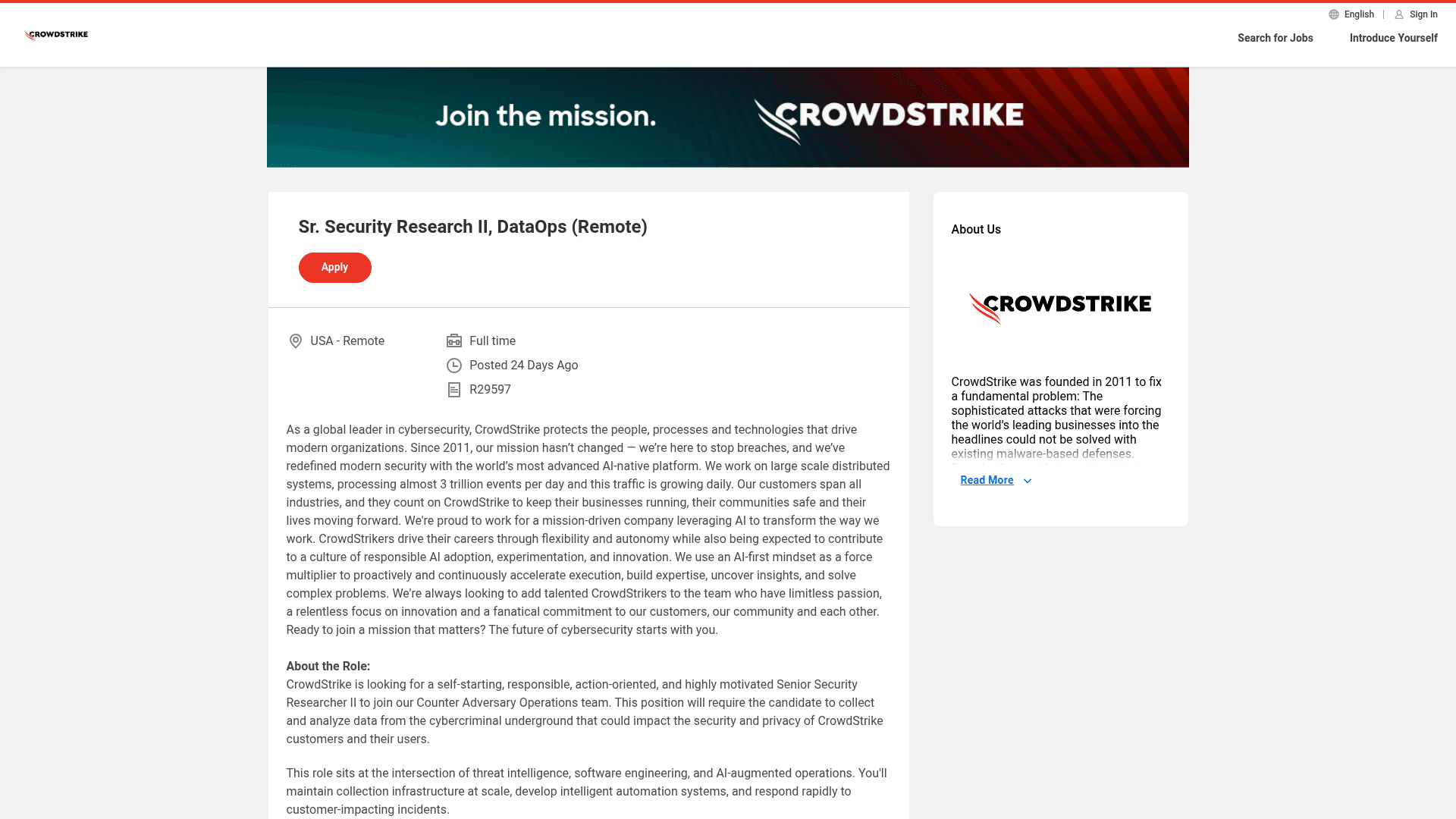 Screenshot of the CrowdStrike Sr. Security Research II, DataOps (Remote) job posting, captured 2026-08-31