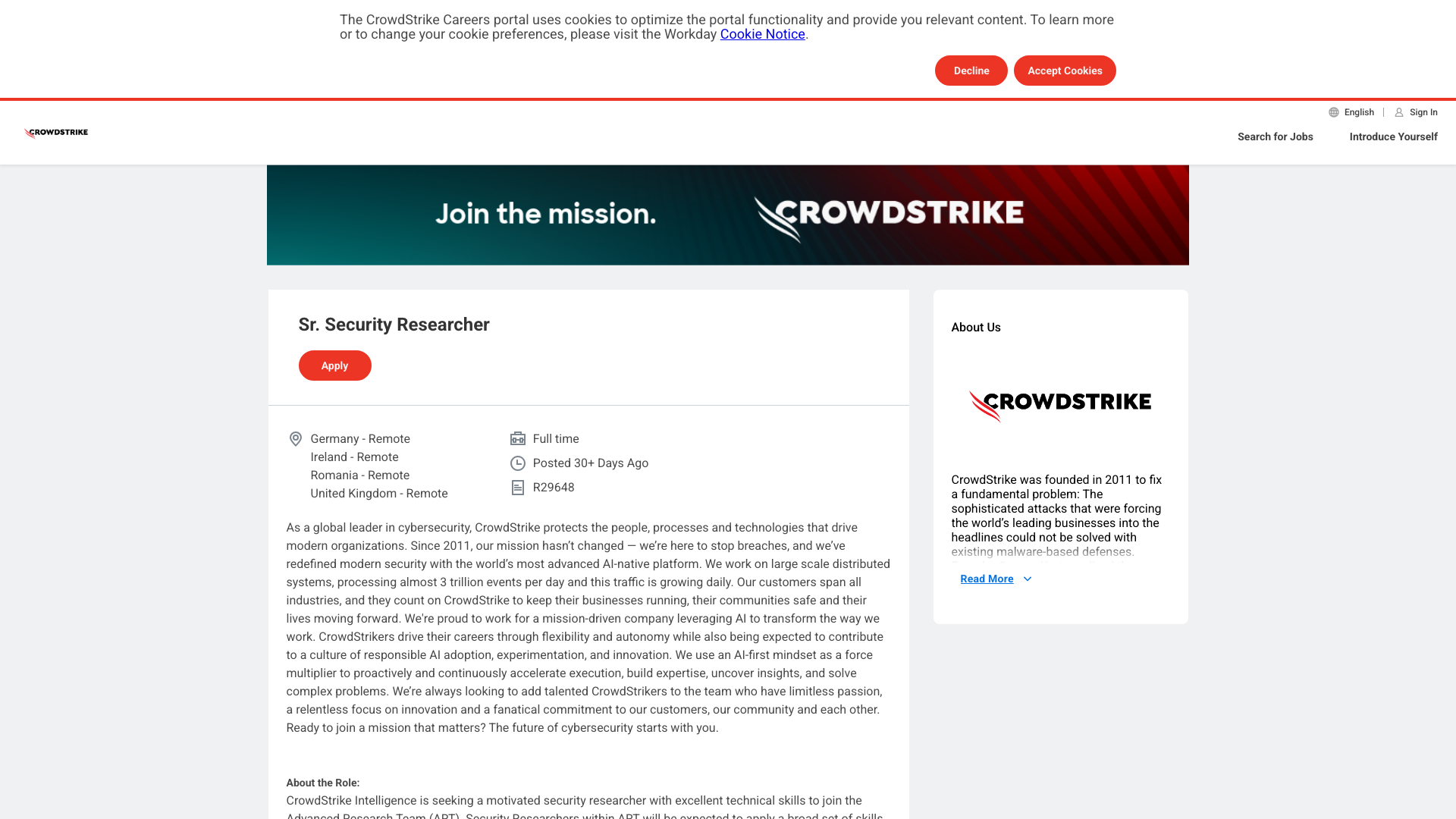Screenshot of the CrowdStrike Sr. Security Researcher (Intelligence, Advanced Research Team) job posting, captured 2026-09-05