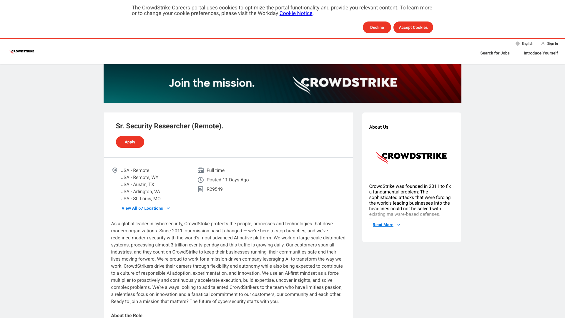 Screenshot of the CrowdStrike Sr. Security Researcher (Intelligence, Technical Analysis Cell) job posting, captured 2026-09-05