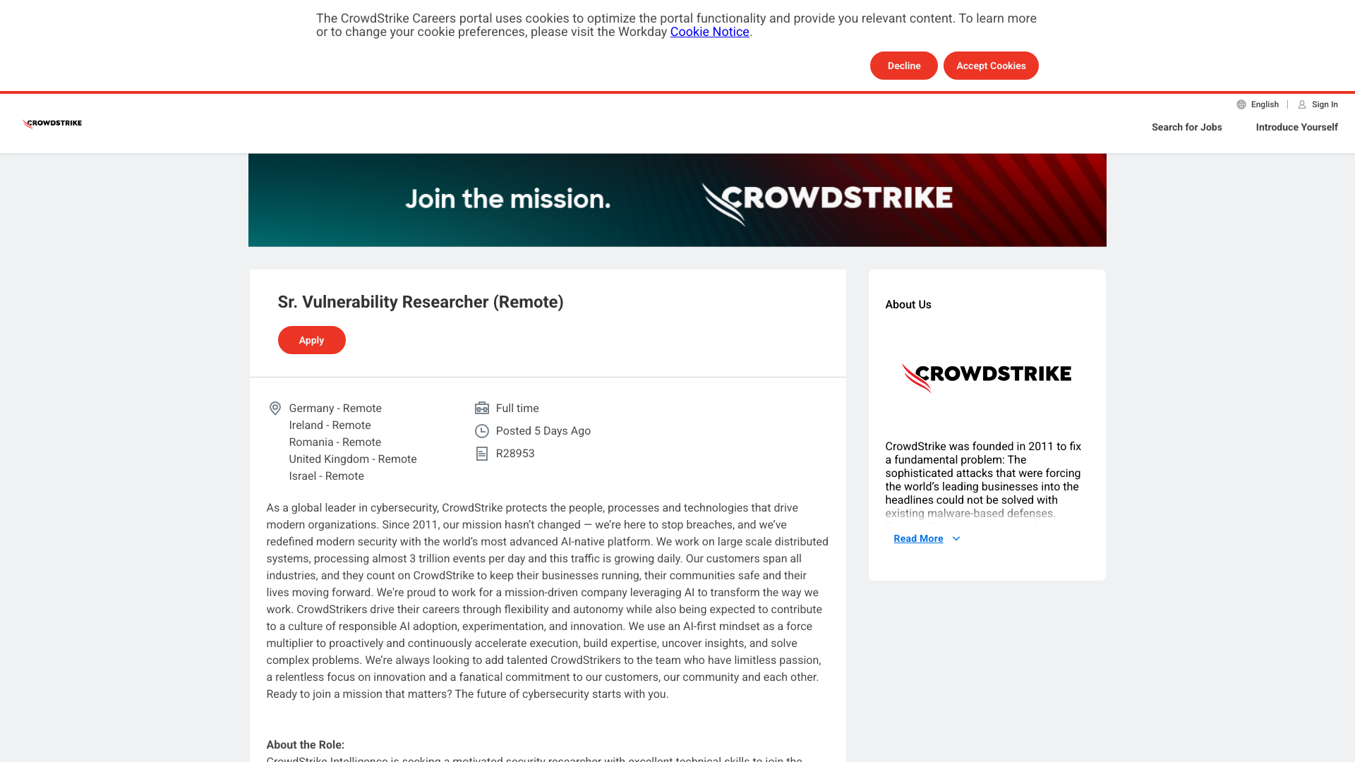 Screenshot of the CrowdStrike Sr. Vulnerability Researcher (Intelligence, Advanced Research Team) job posting, captured 2026-09-05
